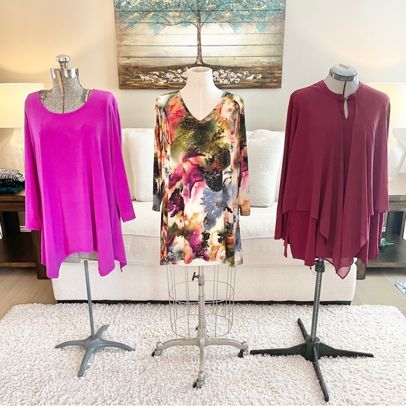 Tops - NEW 1X fuchsia, pink burgundy and floral print blouses, three included